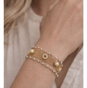 Vintage Gold Tone Mesh Faux Pearl Multi-Strand Bracelet Elegant Statement Piece